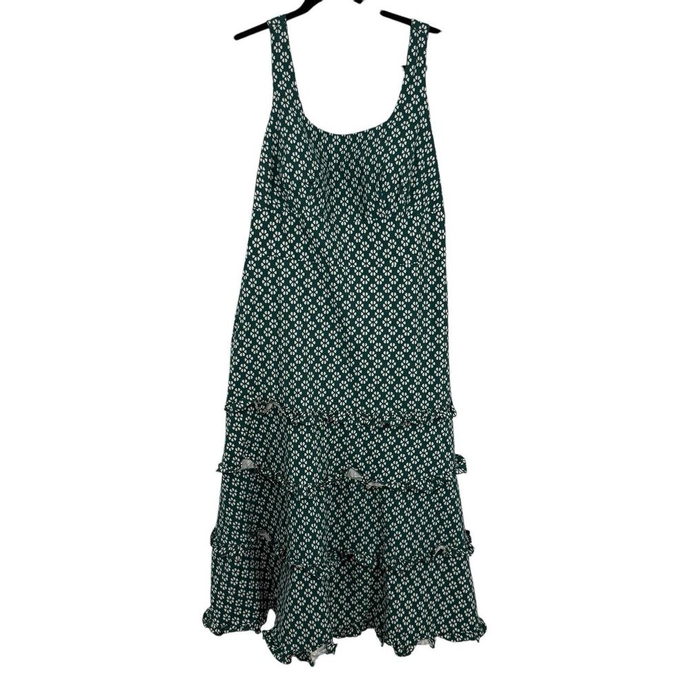 Anthropologie Blythe Tiered Dress Size 1X Green Floral Midi Sleeveless A Line